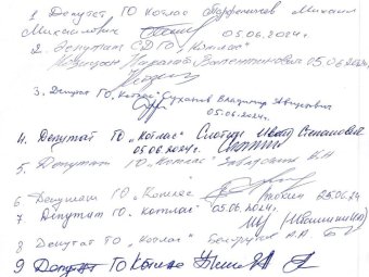 На фото: инициалы и подписи обратившихся депутатов. 