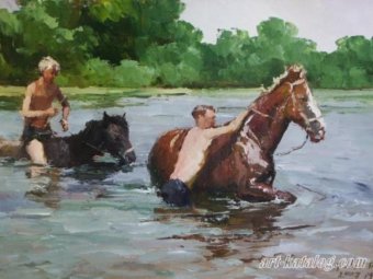 Художник Пётр Грибов «Переправа на лошадях». Холст. Масло.